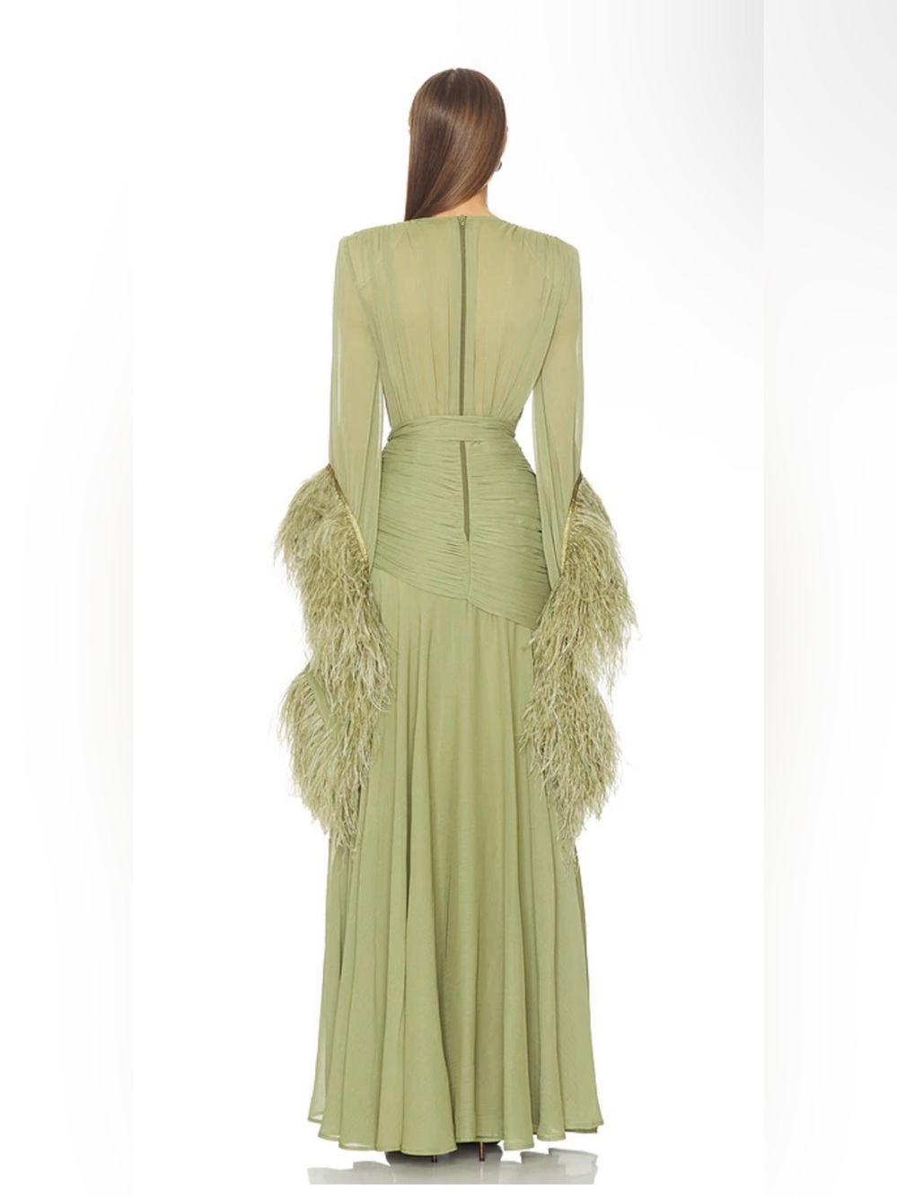 Bronx and Banco Revolve FWRD Geisha Ostrich Feather Gown Sage Green RARE - Picture 5 of 6